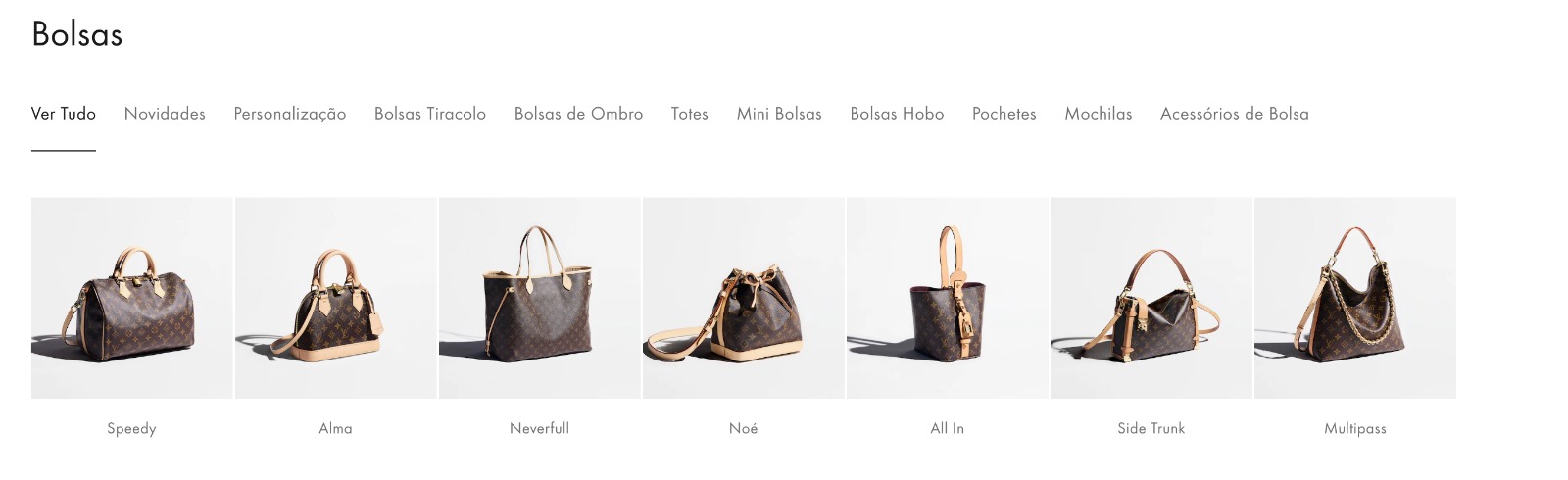 Página de categoria Bolsas do site da Louis Vuitton: abas de tipos e uma faixa de modelos com foto